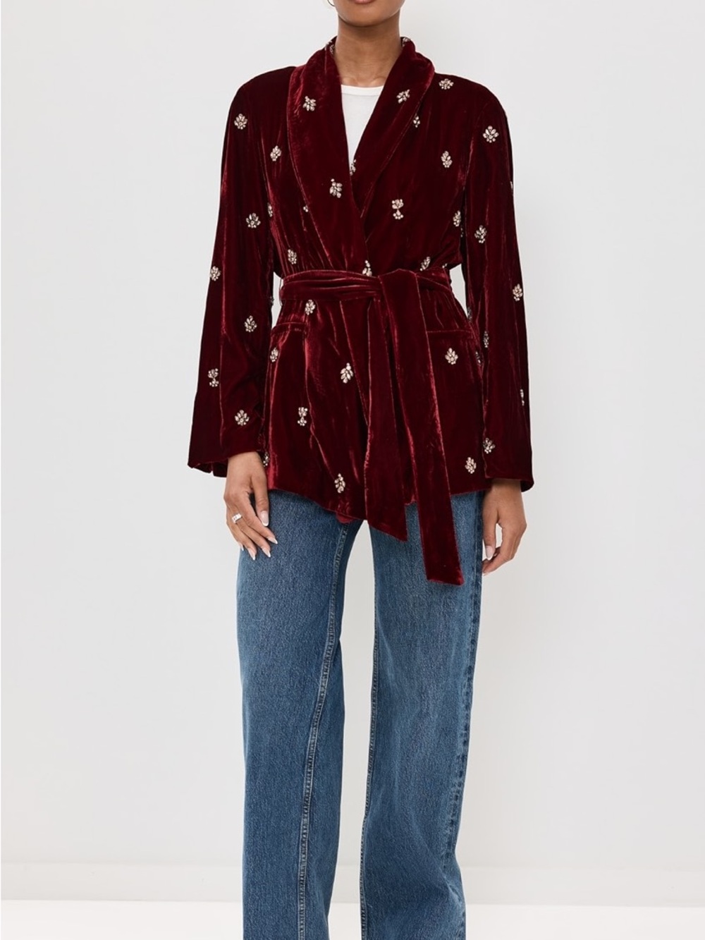 Misa Lena Velvet Blazer Embellished Burgundy Velvet Wrap Jacket